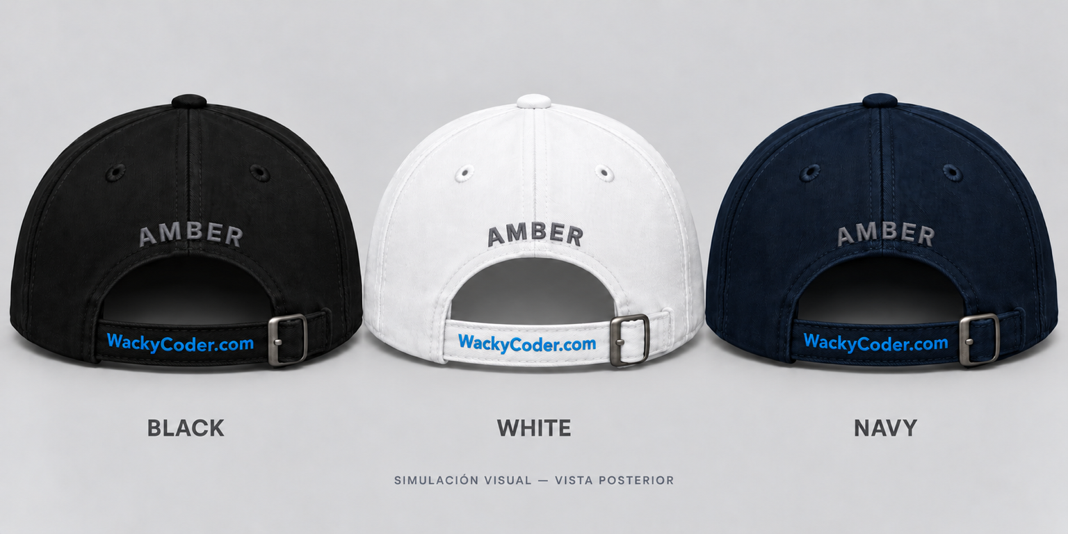 Rear design mockups of black, white, and navy caps with AMBER and WackyCoder.com embroidery.