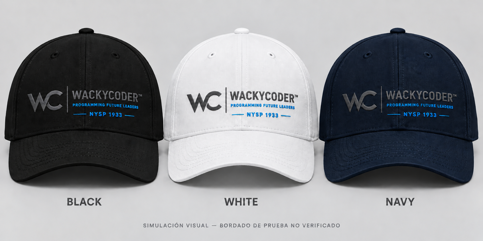Front design mockups of black, white, and navy caps with WackyCoder branding, gunmetal lettering, electric-blue accents, and NYSP 1933.